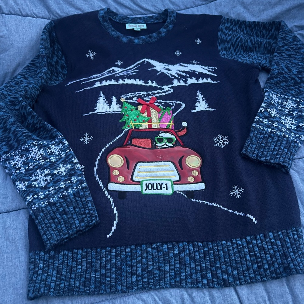 Holiday Hype Blue Fair Isle Sweater w/White Mountains and Sant in Truck Size M
